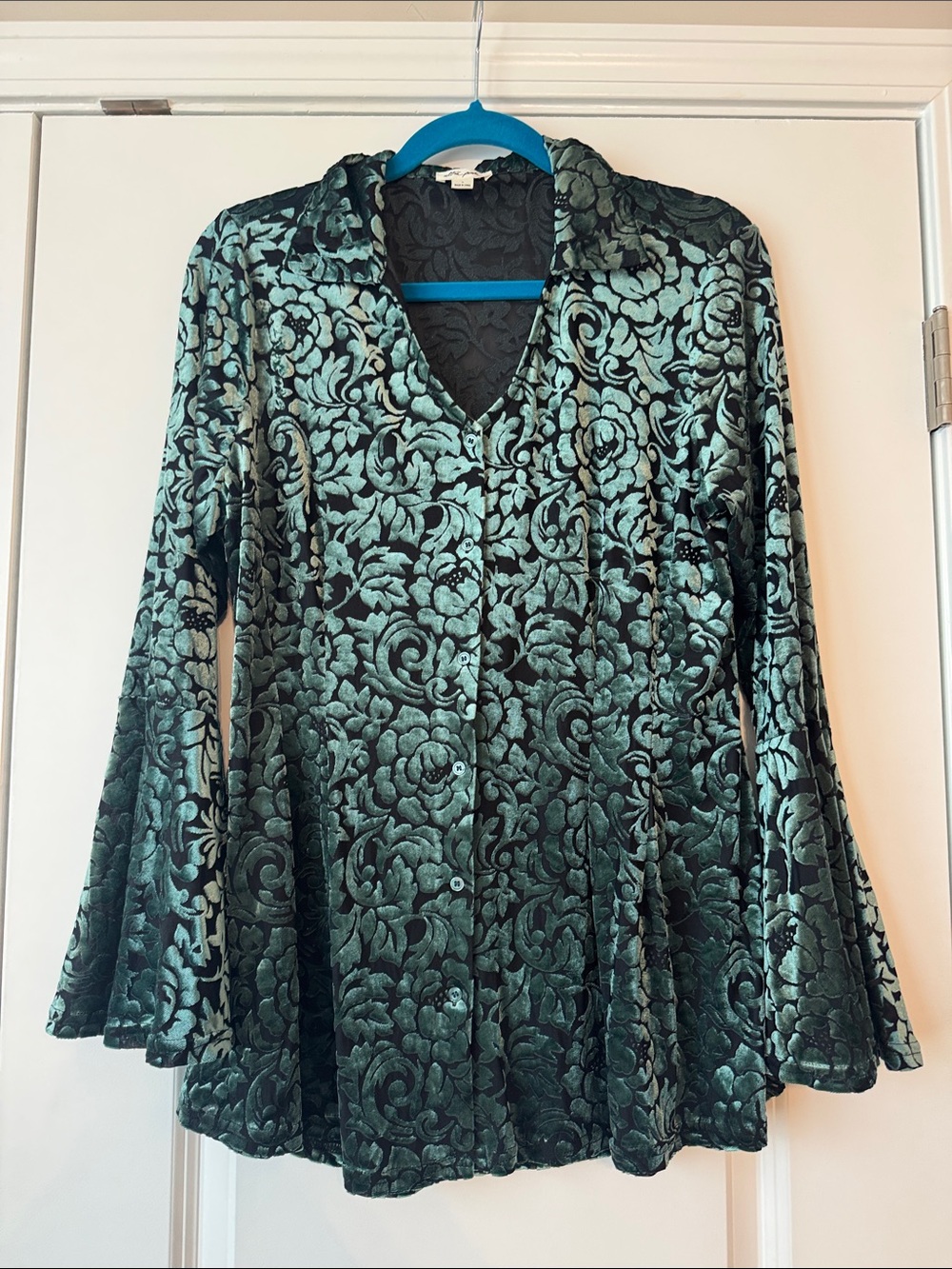 Ultra Pink Green Velvet Burnout Button-Down Shirt